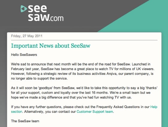 SeeSaw closure notice