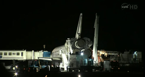 Endeavour on the tarmac at Kennedy Space Center. Pic: NASA TV