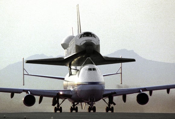 Endeavour atop the 747 Shuttle Carrier Aircraft. Pic: NASA