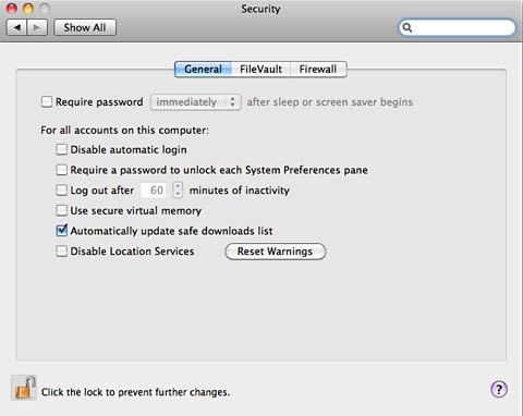 Mac OS X Security preferences pane