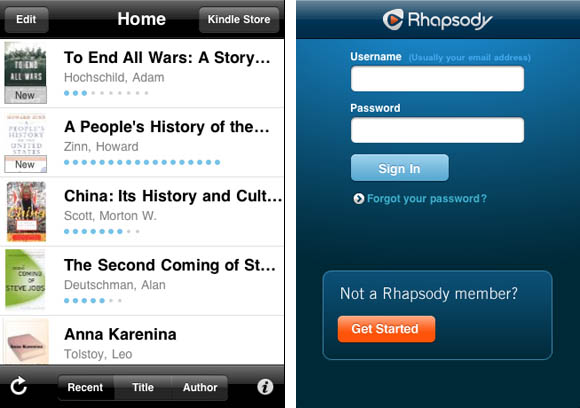 Amazon Kindle and Rhapsody iOS apps