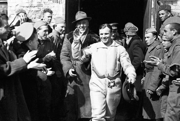 Gagarin shortly after landing. Pic: RIA Novosti