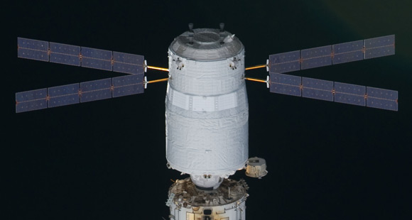 The Johannes Kepler docked to the ISS, seen from space shuttle Discovery. Pic: NASA