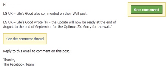 LG UK's Facebook message