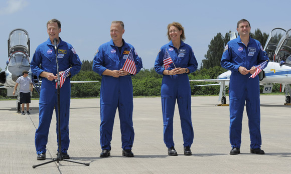 The crew of Atlantis on the tarmac at Kennedy Space Center. Pic: NASA