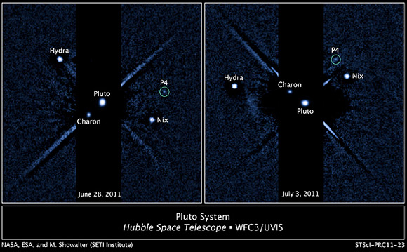 Pluto's moon P4 seen in grainy Hubble image. Pic: NASA