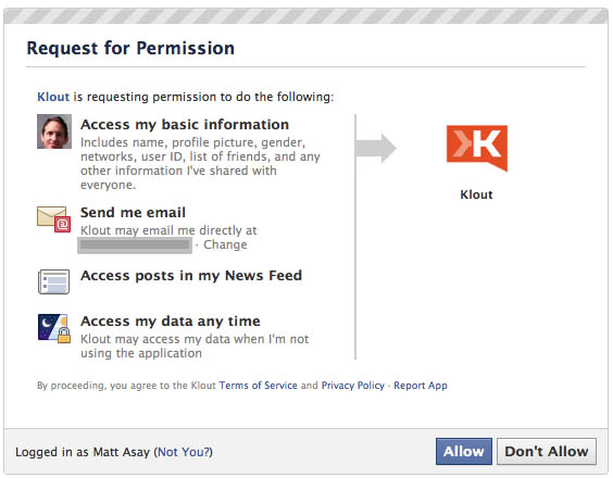Klout authentication using Facebook