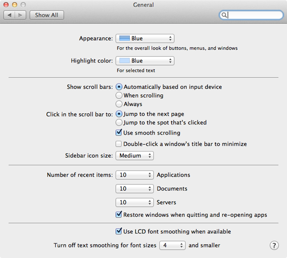 Apple Mac OS X 10.7 Lion General preference