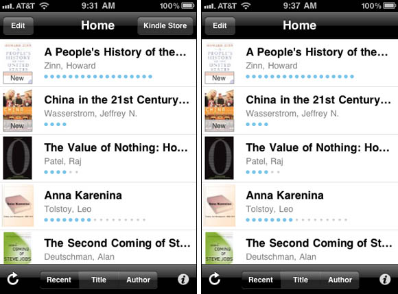 Kindle for iPhone, before and after Apple-ordered removal of 'Kindle Store' button