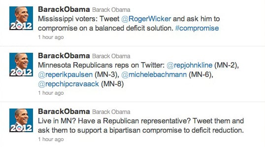 Obama's campaign tweets for support of a debt-ceiling compromise