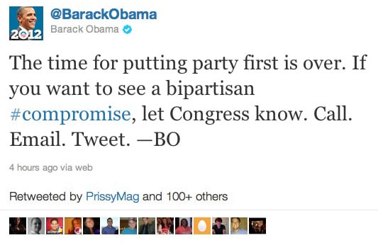 Obama's campaign tweets for support of a debt-ceiling compromise