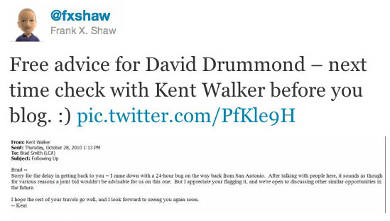 Tweet from Microsoft's Frank Shaw regarding Google's David Drummond