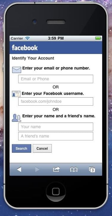 Screen shot of Facebook mobile password reset form