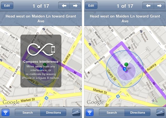 iPhone screenshots of Compass 'enhanced' Maps app