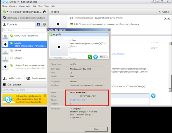 Screen shot demonstrating XSS bug in Skype 5.5.0.113