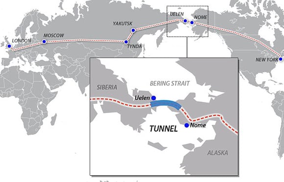 Train route from London to New York via a proposed Russian tunnel to be deg underneath the Bering Straight