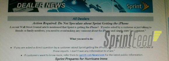 Memo to Sprint dealers telling them not to comment if asked if they will offer the iPhone (source: SprintFeed)