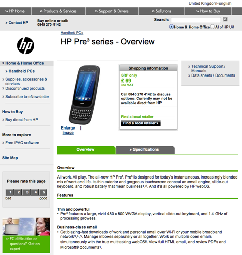 £69 Pre 3 on HP UK website