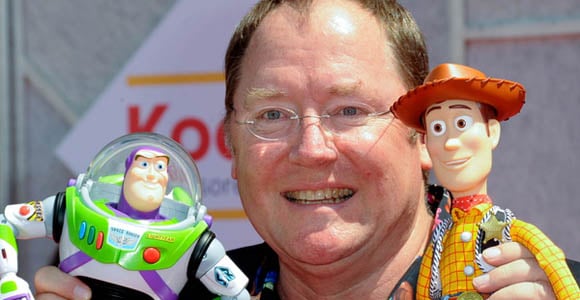 Buzz Lightyear, Pixar's John Lasseter, and Woody