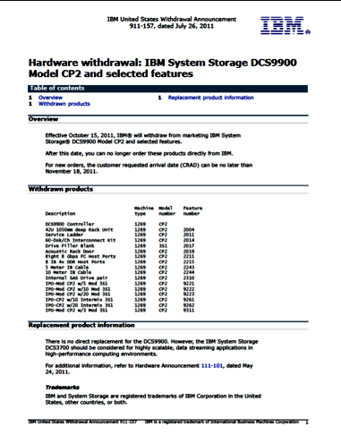 IBM DCS9900 Withdrawal notice