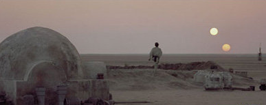 Double sunset on Tatooine in Star Wars IV, credit Wikipedia