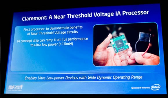 Slide from Justin Rattner's IDF 2011 keynote discussing Intel's prototype near-threshold processors