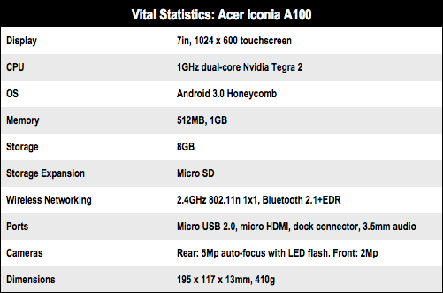 Acer Iconia A100 7in Android tablet specs