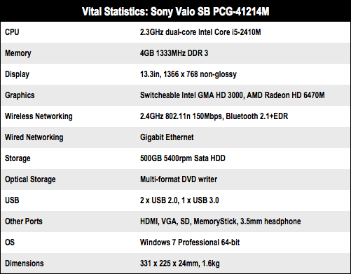 Sony Vaio SB 13.3in laptop specs