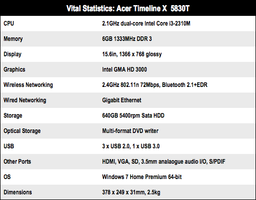 Acer Timeline X 5830T 15in laptop specs