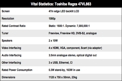 Toshiba Regza 47VL863 3D HD TV specs