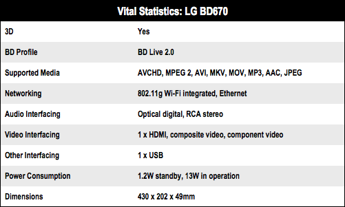 LG BD670 3D Blu-ray Disc player specs