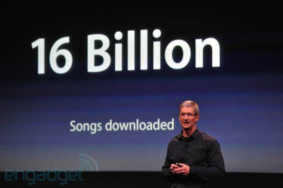 Apple CEO Tim Cook on October 4, 2011, announcing that 16 billion songs had been downloaded from the iTunes Store 
