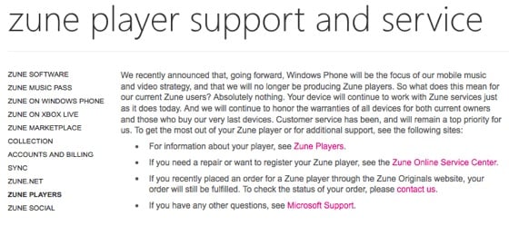Microsoft Zune HD end-of-life notice