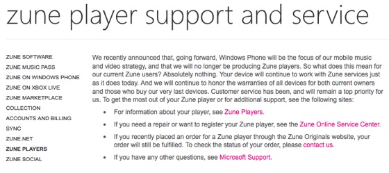 Microsoft Zune HD end-of-life notice