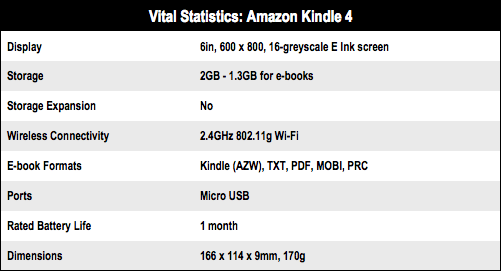 Amazon Kindle 4 e-book reader specs