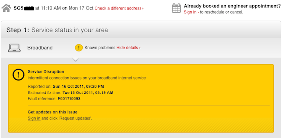 Virgin media status problem, screengrab from Virgin media site