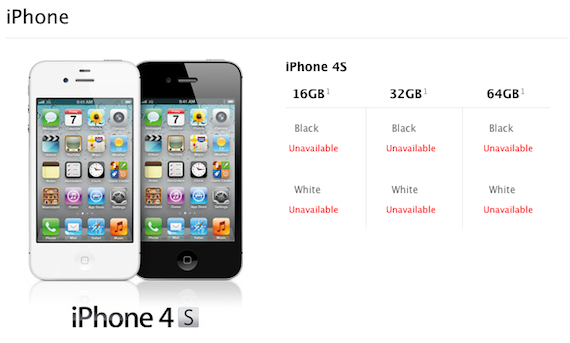 Apple 4S unavailable, screengrab of Apple website