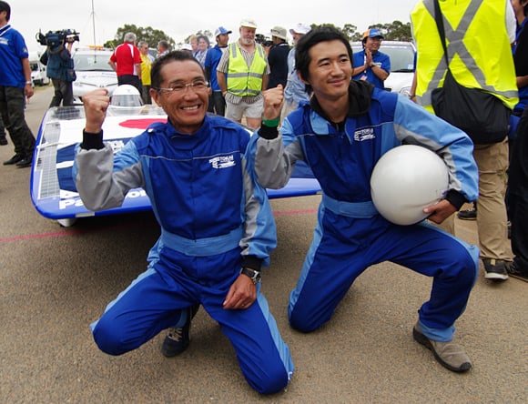 Drivers Kenjiro Shinozuka and Kouhei Sagawa celebrate Team Tokai's win