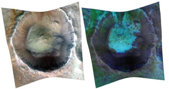 Martian crater in true color and false-color infrared images