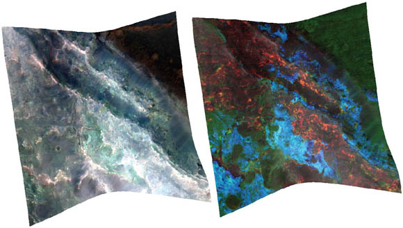Martian escarpment in true color and false-color infrared images
