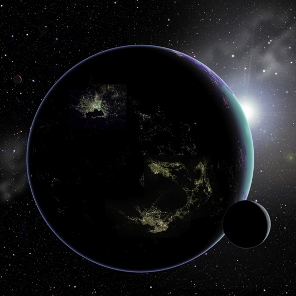 Concept art depicting the lights of an ET civilisation on an exoplanet. Credit: David A Aguilar (CfA)