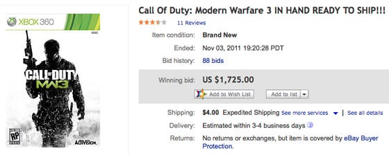Modern Warfare 3 eBay bid