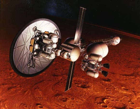 Concept dated 1960 of a nuclear-thermal ship in orbit above Mars. Credit: NASA