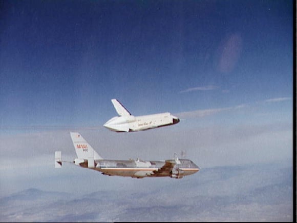 Orbiter Enterprise launches from the back of a carrier jumbo during 1970s test flights. Credit: NASA JSC