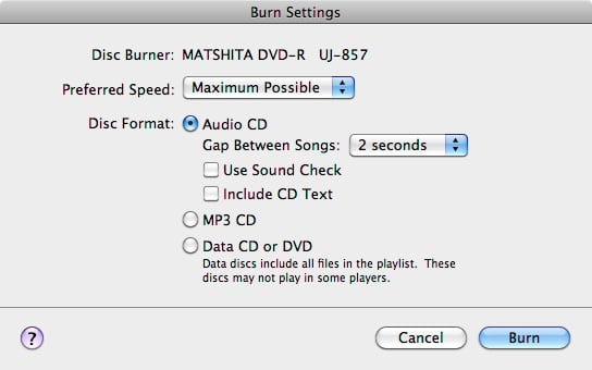 Apple iTunes disc burning settings