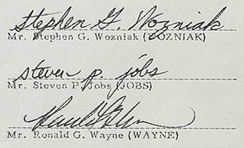 Wozniak, Jobs, and Wayne's signatures on Apple's founding contract