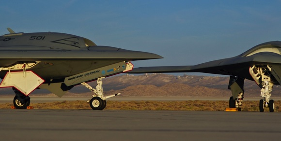 Air Vehicles 1 and 2 of the X-47B UCAS-D project on the flight line at Edwards. Credit: Northrop Grumman