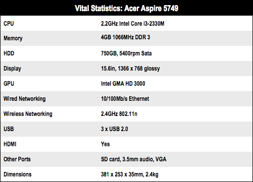 Acer Aspire 5749 15in notebook specs