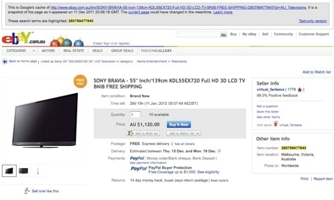 Google Cache image of eBay scam ad