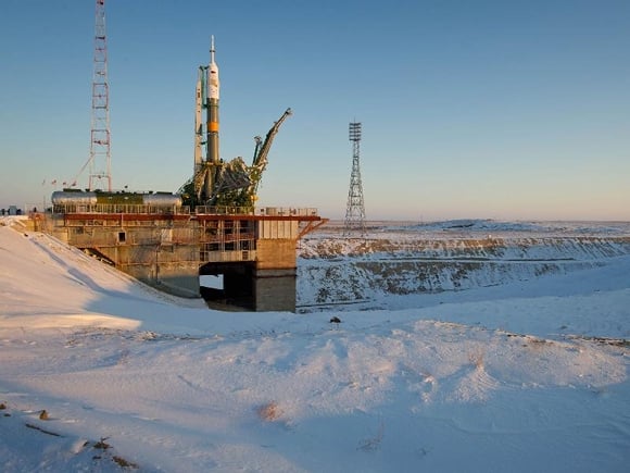 Soyuz TMA-03M at the launch pat at Baikonur Cosmodrome